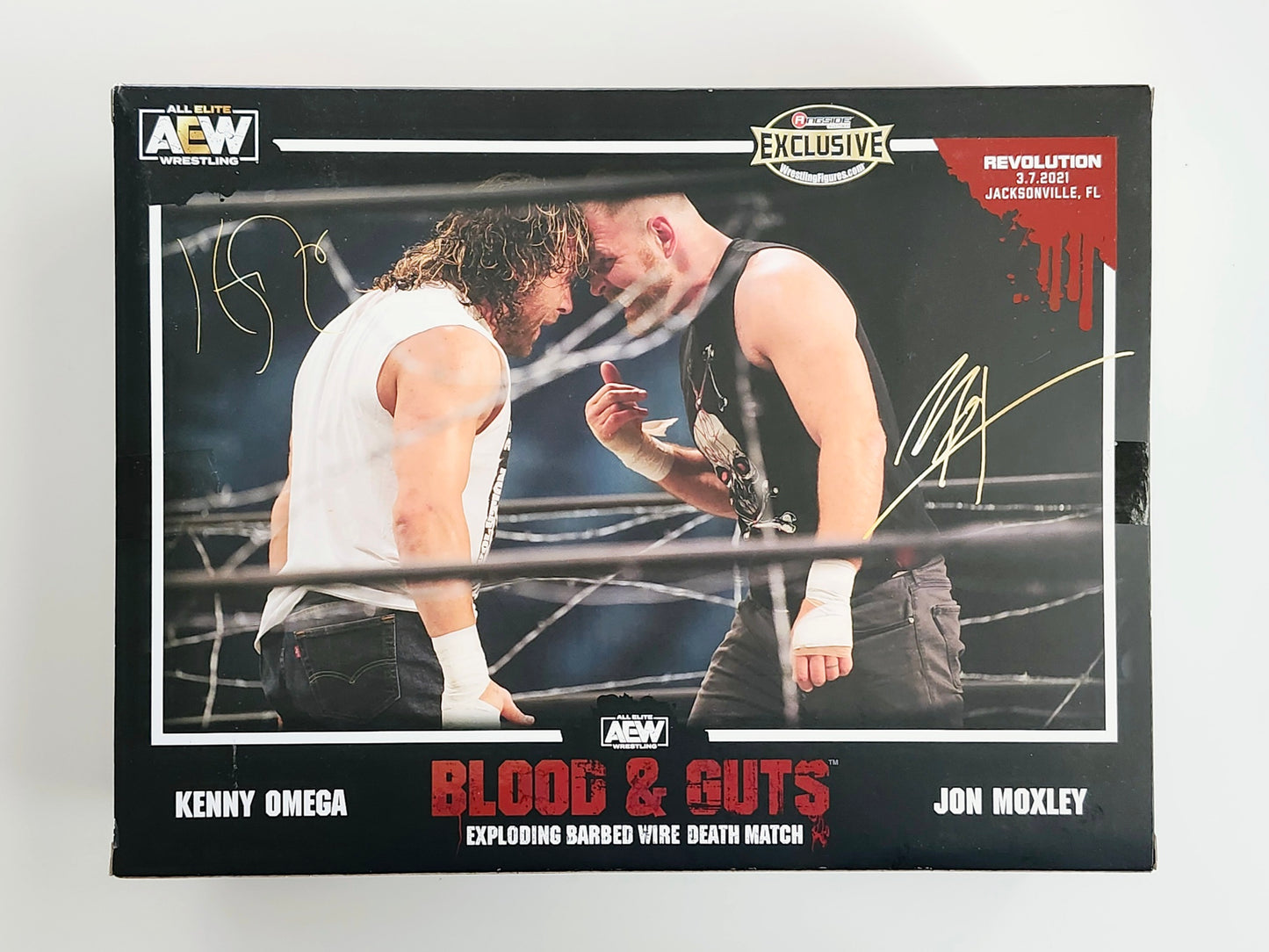 AEW Unrivaled Collection Blood & Guts Series Jon Moxley & Kenny Omega Exploding Barbed Wire Death Match Exclusive Action Figure 2-Pack