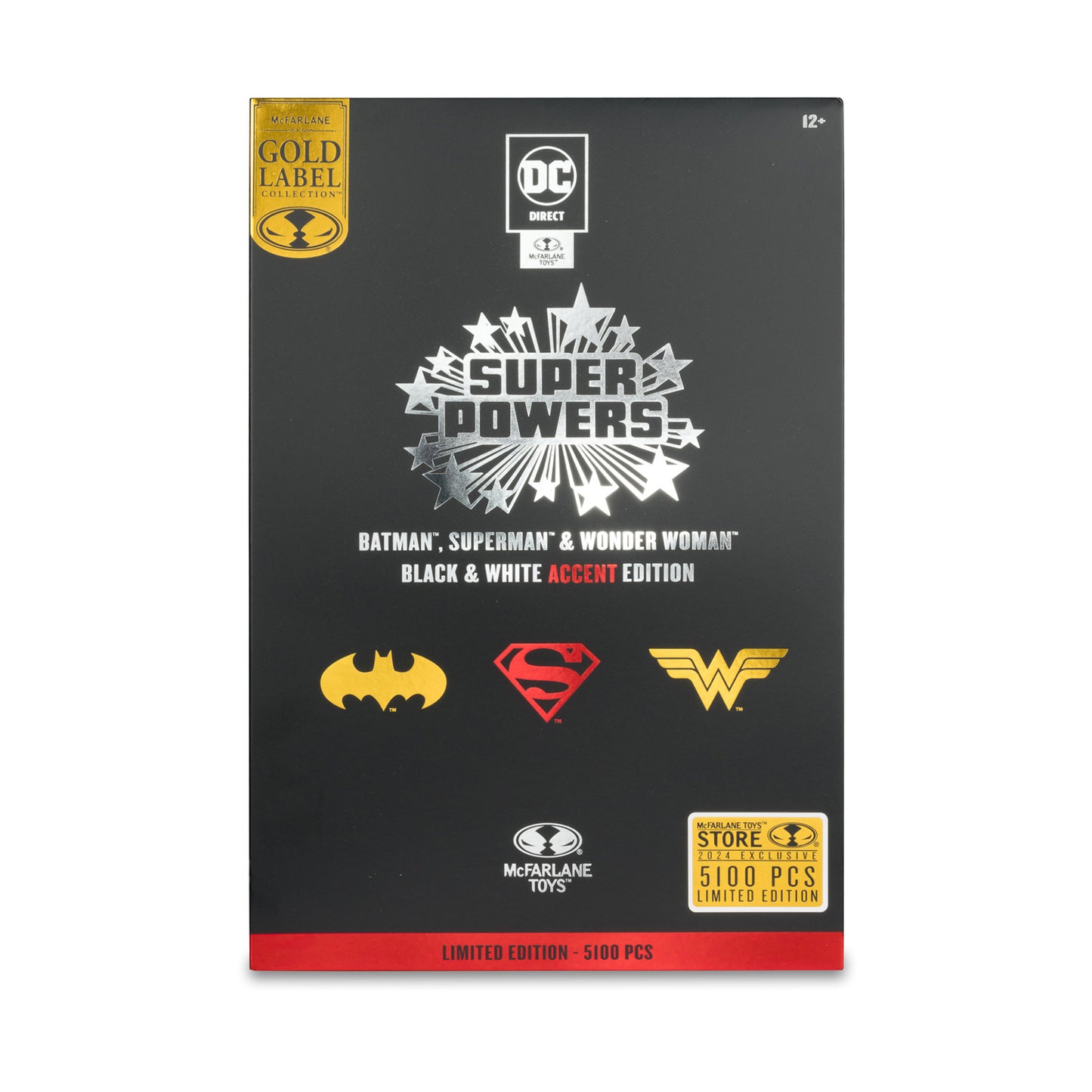 DC Super Powers Gold Label SDCC 2024 Batman, Superman, & Wonder Woman Black & White Accent Edition Action Figure 3-Pack